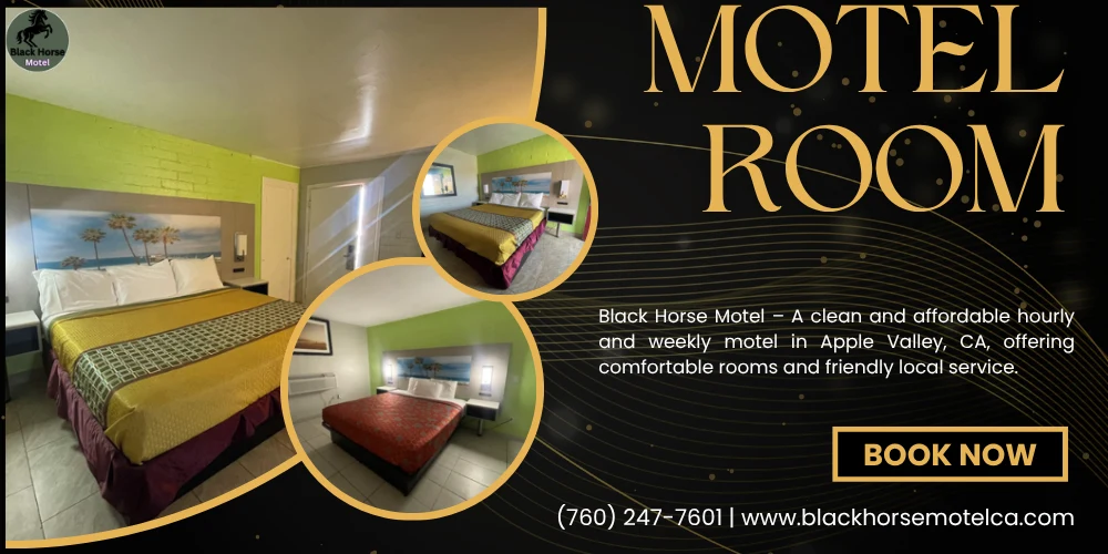 Promotional image for Black Horse Motel in Apple Valley, CA, showing clean and comfortable motel rooms with bright green walls and cozy beds. The text highlights affordable hourly and weekly rates, friendly service, and includes contact details and a “Book Now” button.