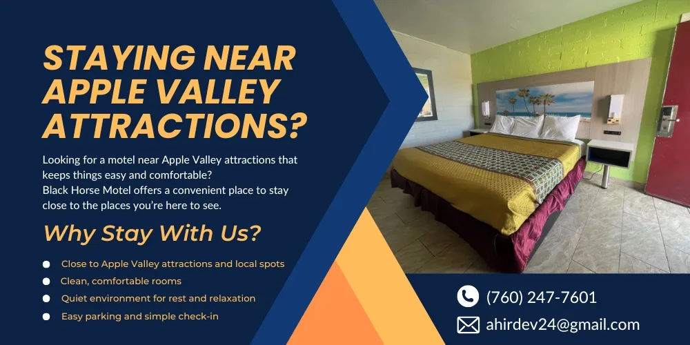 Black Horse Motel flyer showing a clean motel room and promoting a stay near Apple Valley attractions.